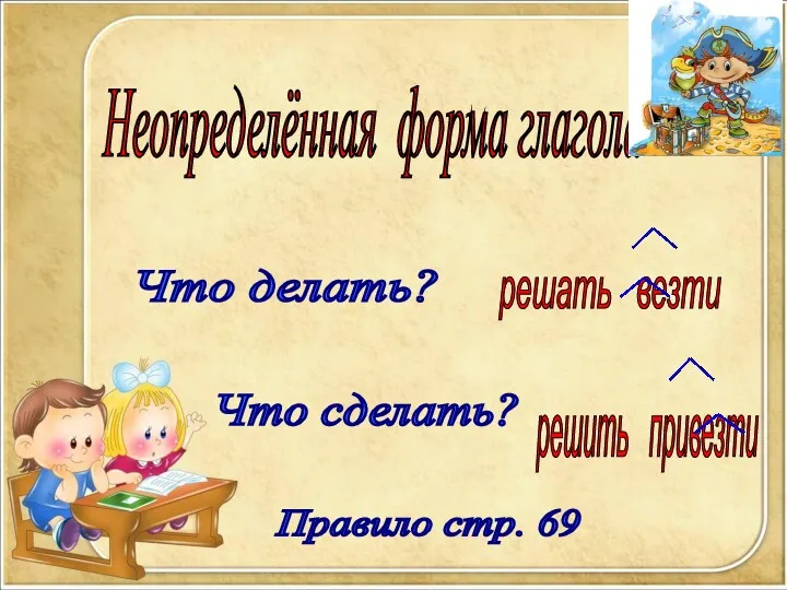 Неопределённая форма глагола Что делать? Что сделать? решать везти решить привезти Правило стр. 69