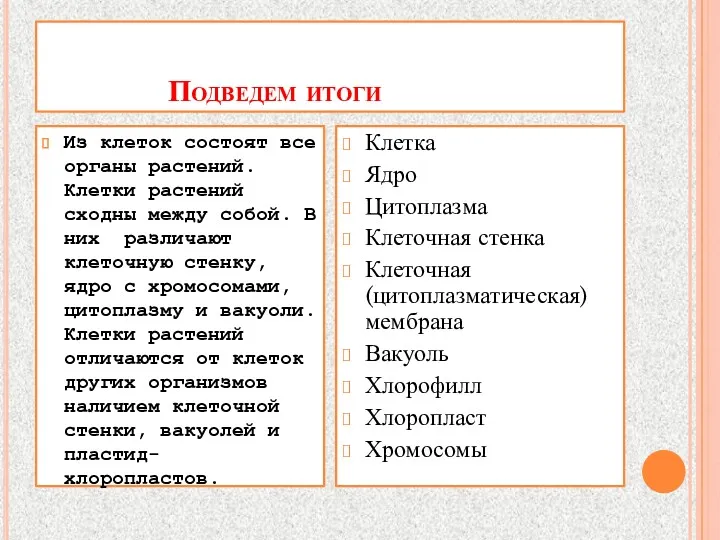 Подведем итоги Из клеток состоят все органы растений. Клетки растений