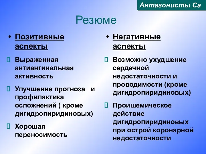 Резюме Позитивные аспекты Выраженная антиангинальная активность Улучшение прогноза и профилактика