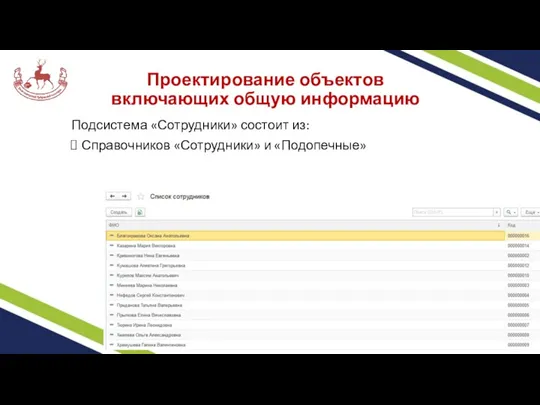 Проектирование объектов включающих общую информацию Подсистема «Сотрудники» состоит из: Справочников «Сотрудники» и «Подопечные»