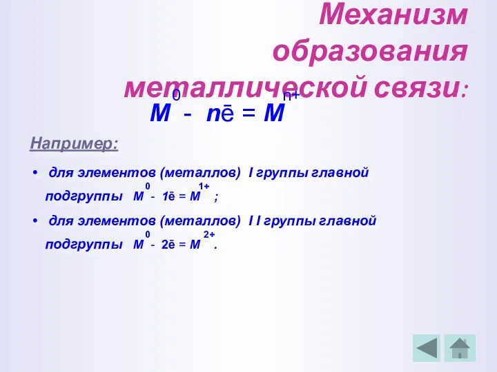 Механизм образования металлической связи: 0 n+ М - nē =