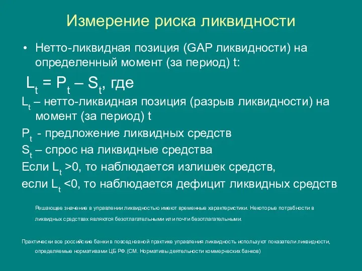 Измерение риска ликвидности Нетто-ликвидная позиция (GAP ликвидности) на определенный момент