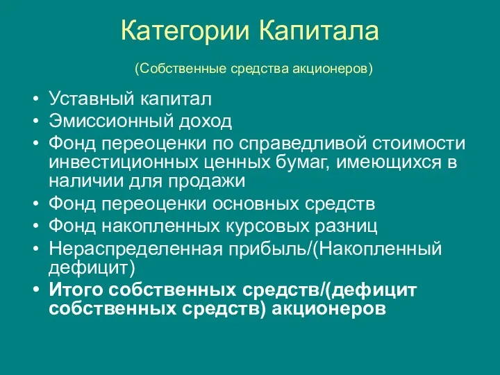 Категории Капитала (Собственные средства акционеров) Уставный капитал Эмиссионный доход Фонд