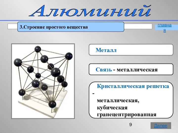 Алюминий 3.Строение простого вещества Металл Связь - металлическая Кристаллическая решетка - металлическая, кубическая гранецентрированная главная Далее