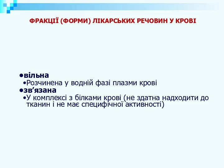 вільна Розчинена у водній фазі плазми крові зв’язана У комплексі