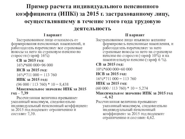 Пример расчета индивидуального пенсионного коэффициента (ИПКi) за 2015 г. застрахованному