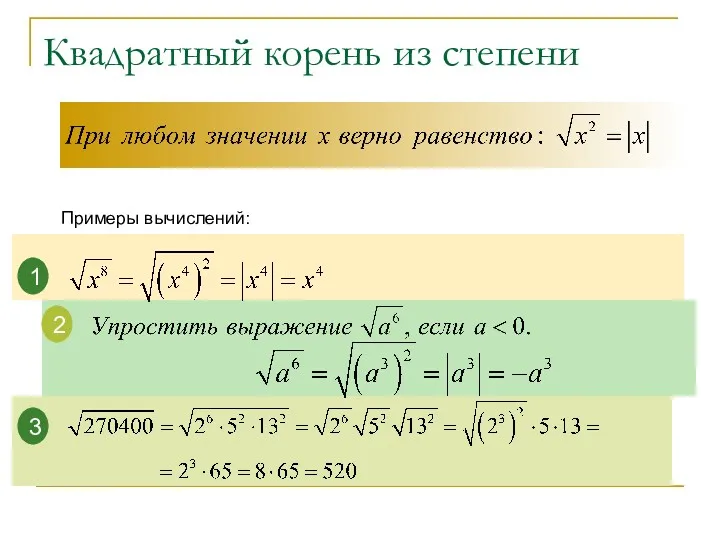 Квадратный корень из степени Примеры вычислений: 1 2 3