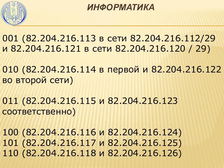 ИНФОРМАТИКА 001 (82.204.216.113 в сети 82.204.216.112/29 и 82.204.216.121 в сети