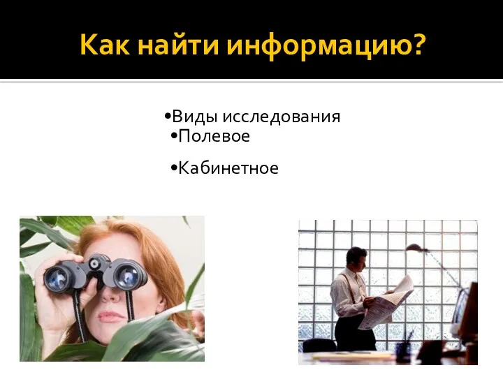 Как найти информацию? Виды исследования Полевое Кабинетное