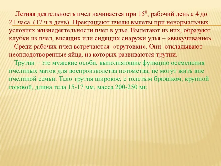 Летняя деятельность пчел начинается при 150, рабочий день с 4 до 21 часа