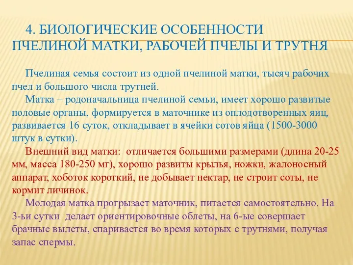 4. БИОЛОГИЧЕСКИЕ ОСОБЕННОСТИ ПЧЕЛИНОЙ МАТКИ, РАБОЧЕЙ ПЧЕЛЫ И ТРУТНЯ Пчелиная