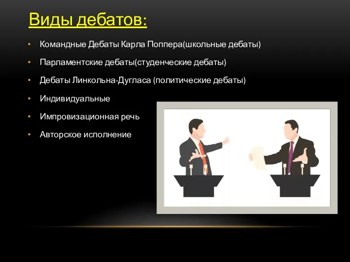 Виды дебатов: Командные Дебаты Карла Поппера(школьные дебаты) Парламентские дебаты(студенческие дебаты)