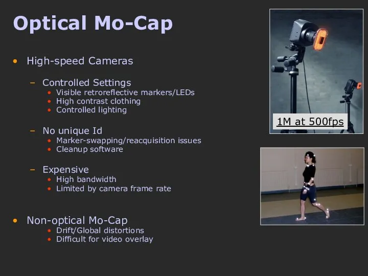 Optical Mo-Cap High-speed Cameras Controlled Settings Visible retroreflective markers/LEDs High