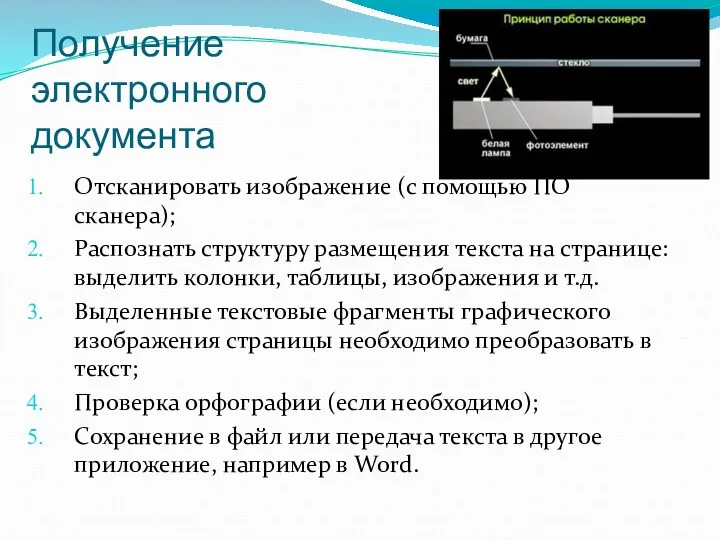 Получение электронного документа Отсканировать изображение (с помощью ПО сканера); Распознать