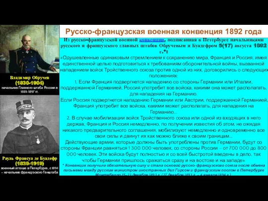 Русско-французская военная конвенция 1892 года Владимир Обручев (1830-1904) начальник Главного