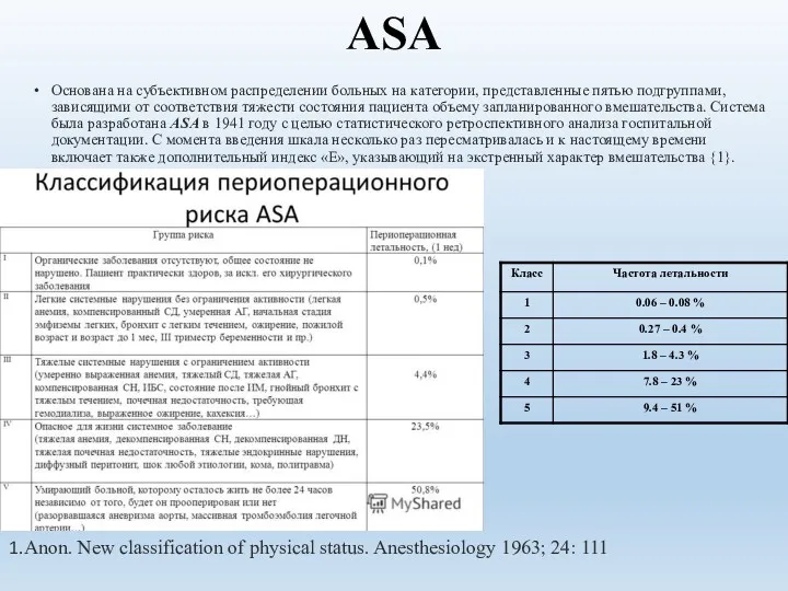 ASA Основана на субъективном распределении больных на категории, представленные пятью