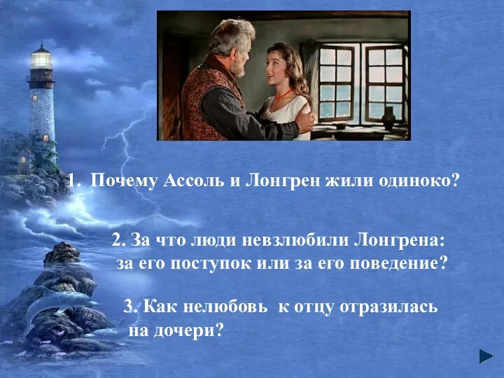 Почему Ассоль и Лонгрен жили одиноко? 2. За что люди