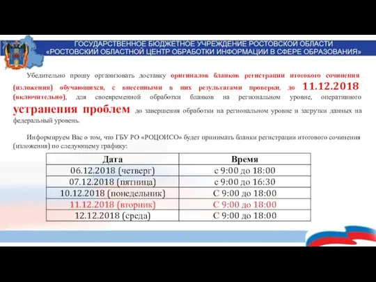 Убедительно прошу организовать доставку оригиналов бланков регистрации итогового сочинения (изложения)