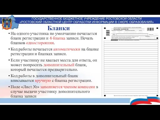 На одного участника по умолчанию печатается бланк регистрации и 4