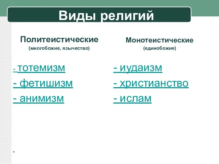 Виды религий Политеистические (многобожие, язычество) - тотемизм - фетишизм -