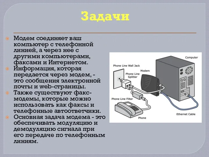 Задачи Модем соединяет ваш компьютер с телефонной линией, а через