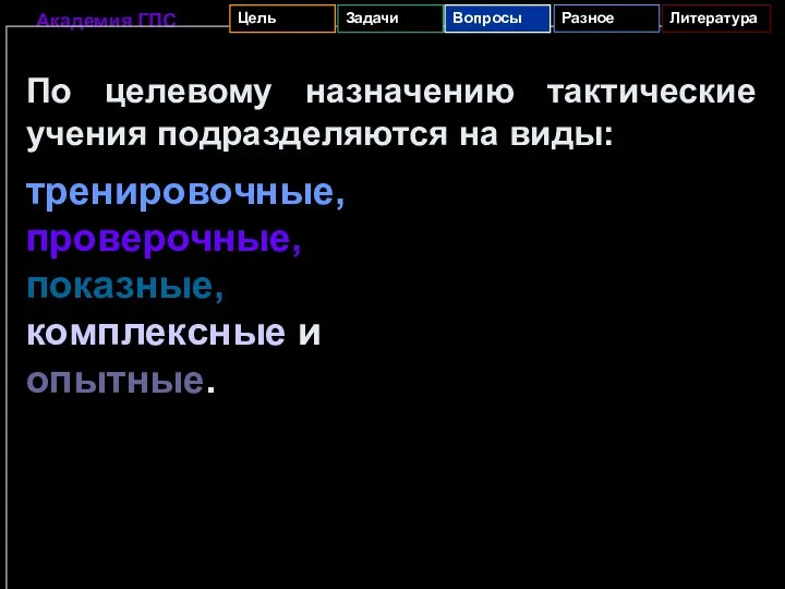 По целевому назначению тактические учения подразделяются на виды: тренировочные, проверочные, показные, комплексные и опытные.