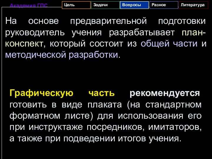 На основе предварительной подготовки руководитель учения разрабатывает план-конспект, который состоит