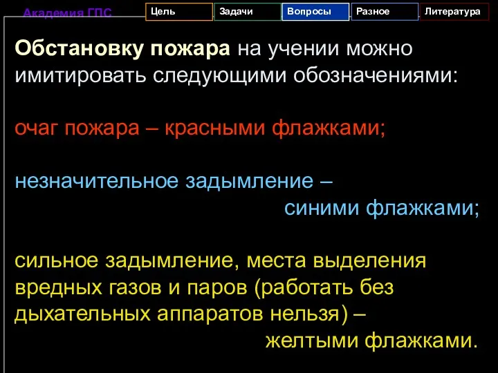 Обстановку пожара на учении можно имитировать следующими обозначениями: очаг пожара