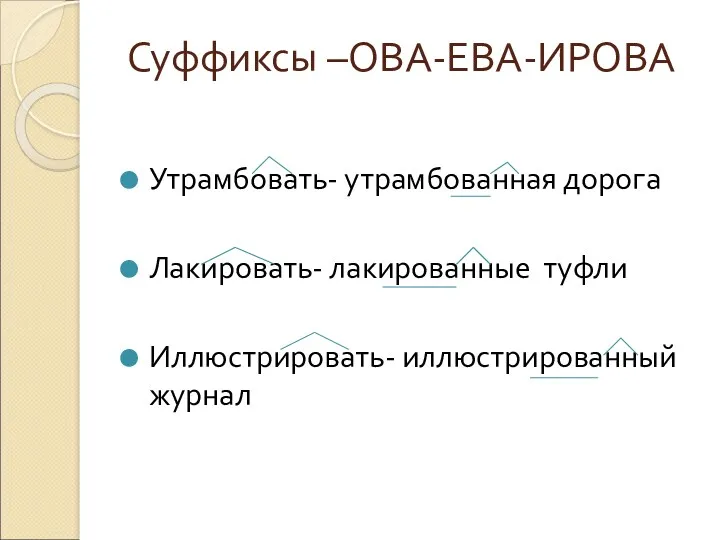 Суффиксы –ОВА-ЕВА-ИРОВА Утрамбовать- утрамбованная дорога Лакировать- лакированные туфли Иллюстрировать- иллюстрированный журнал