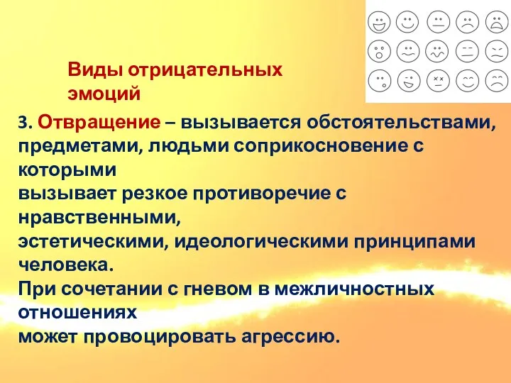 Виды отрицательных эмоций 3. Отвращение – вызывается обстоятельствами, предметами, людьми