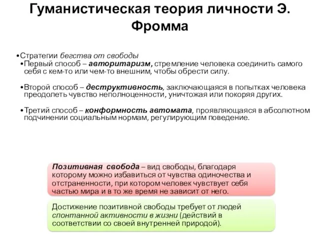 Гуманистическая теория личности Э. Фромма Стратегии бегства от свободы Первый