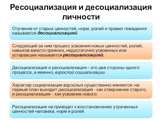 Ресоциализация и десоциализация личности Отучение от старых ценностей, норм, ролей