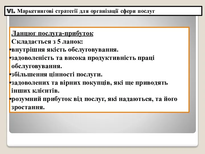 VI. Маркетингові стратегії для організації сфери послуг Ланцюг послуга-прибуток Складається