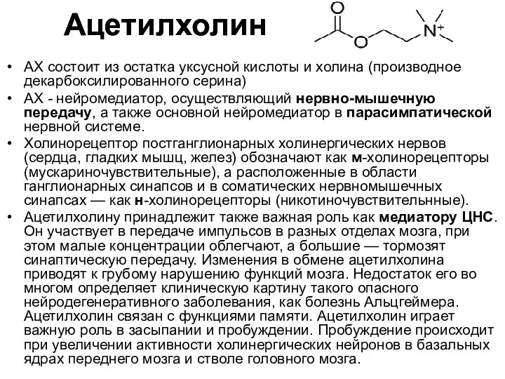 Ацетилхолин АХ состоит из остатка уксусной кислоты и холина (производное