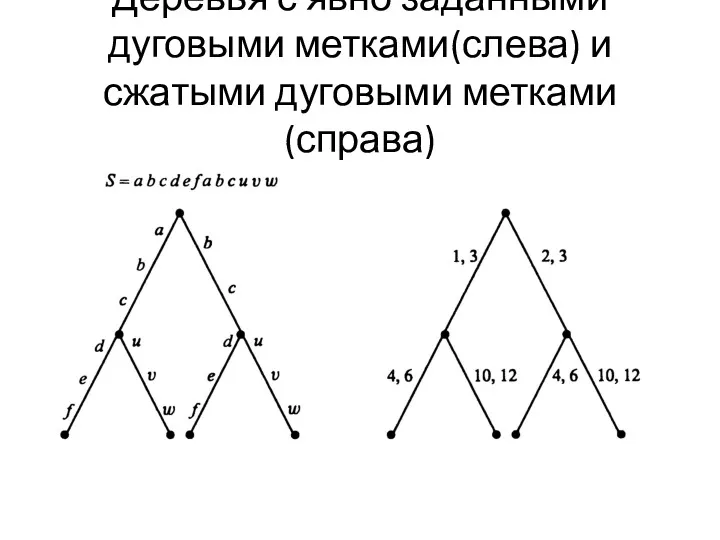 Деревья с явно заданными дуговыми метками(слева) и сжатыми дуговыми метками(справа)