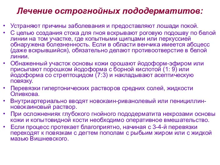 Лечение острогнойных пододерматитов: Устраняют причины заболевания и предоставляют лошади покой.