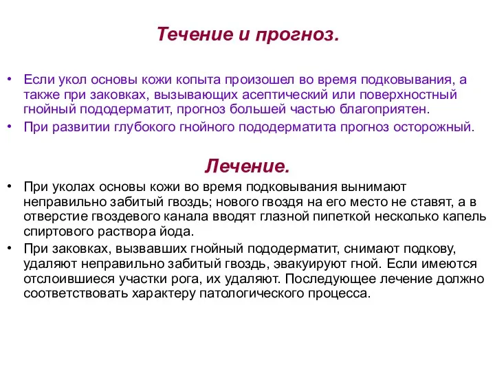 Течение и прогноз. Если укол основы кожи копыта произошел во время подковывания, а