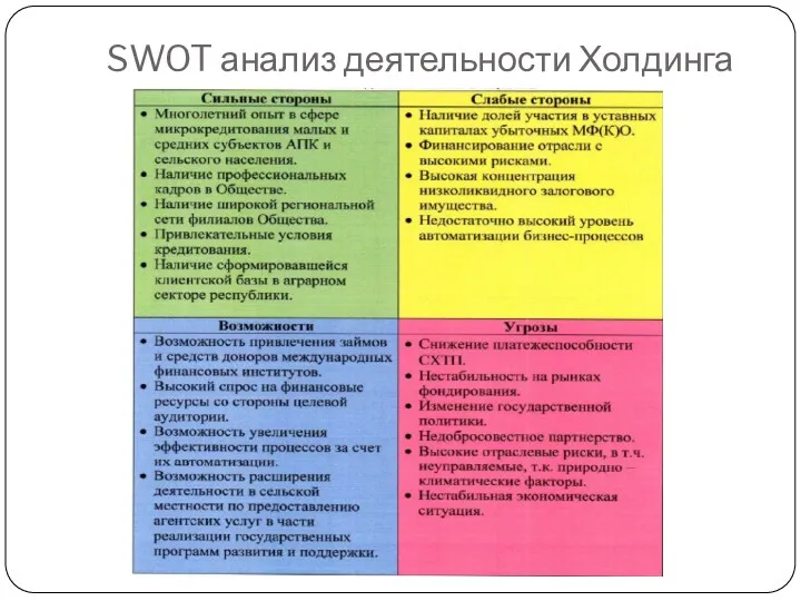 SWOT анализ деятельности Холдинга
