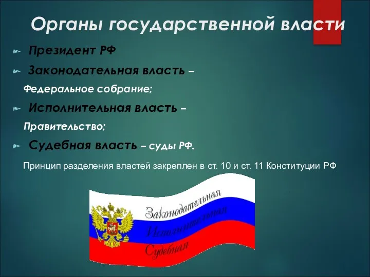 Органы государственной власти Президент РФ Законодательная власть – Федеральное собрание;