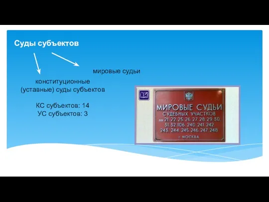 Суды субъектов конституционные (уставные) суды субъектов КС субъектов: 14 УС субъектов: 3 мировые судьи