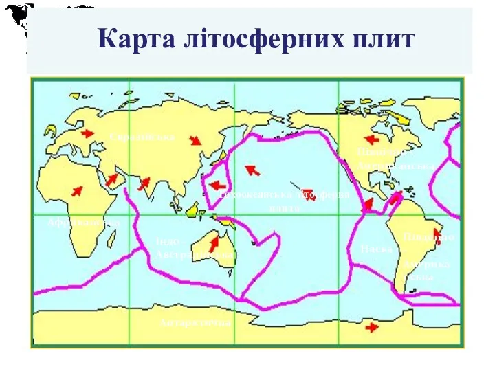 Карта літосферних плит Тихоокеанська літосферна плита Наска Індо - Австралійська Південно - Американська