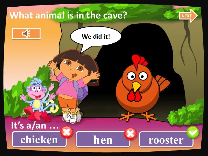 chicken rooster hen What animal is in the cave? It’s a/an … NEXT We did it!