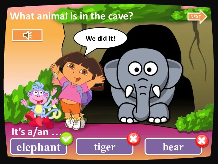 tiger elephant bear What animal is in the cave? NEXT It’s a/an … We did it!