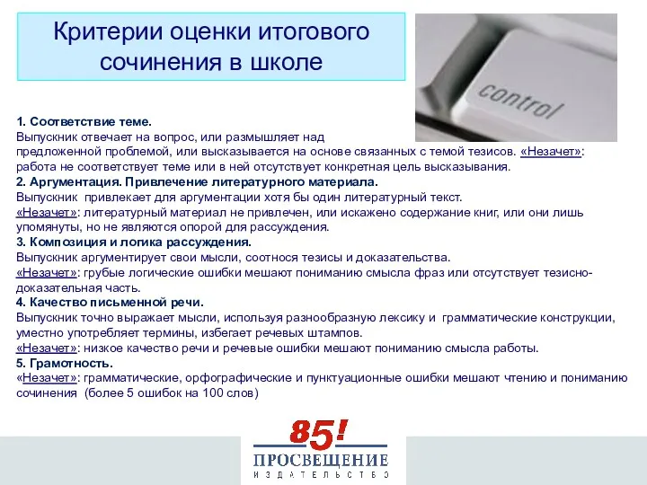 Критерии оценки итогового сочинения в школе 1. Соответствие теме. Выпускник