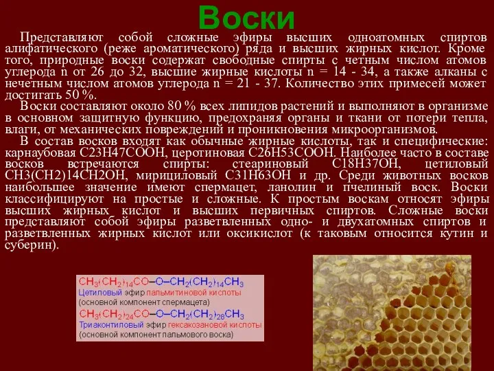 Воски Представляют собой сложные эфиры высших одноатомных спиртов алифатического (реже