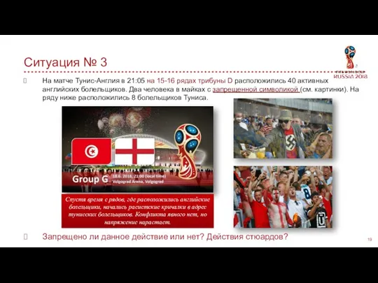 Ситуация № 3 На матче Тунис-Англия в 21:05 на 15-16 рядах трибуны D