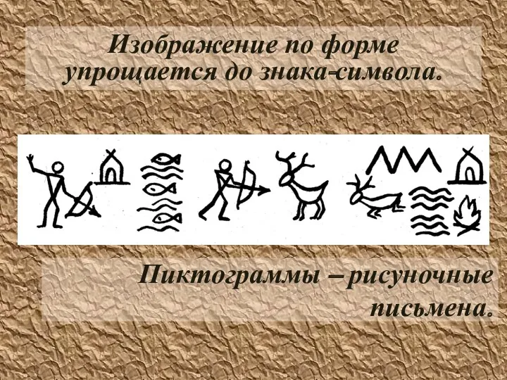 Пиктограммы – рисуночные письмена. Изображение по форме упрощается до знака-символа.