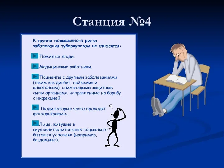 Станция №4 К группе повышенного риска заболевания туберкулезом не относятся: