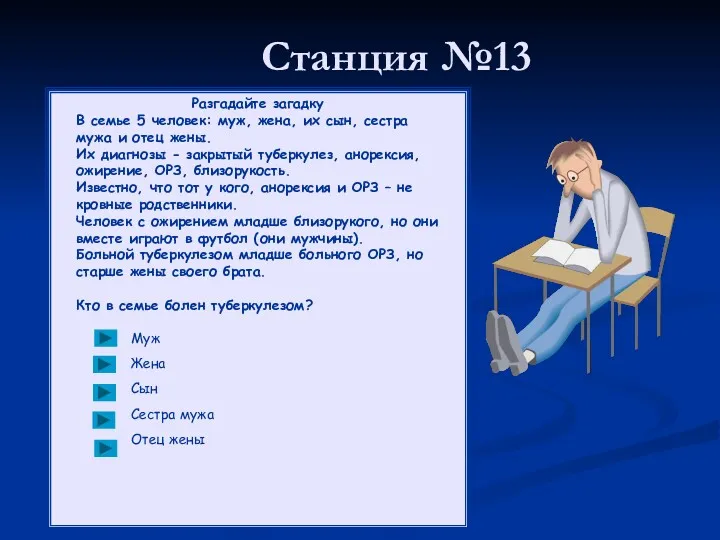 Станция №13 Разгадайте загадку В семье 5 человек: муж, жена,