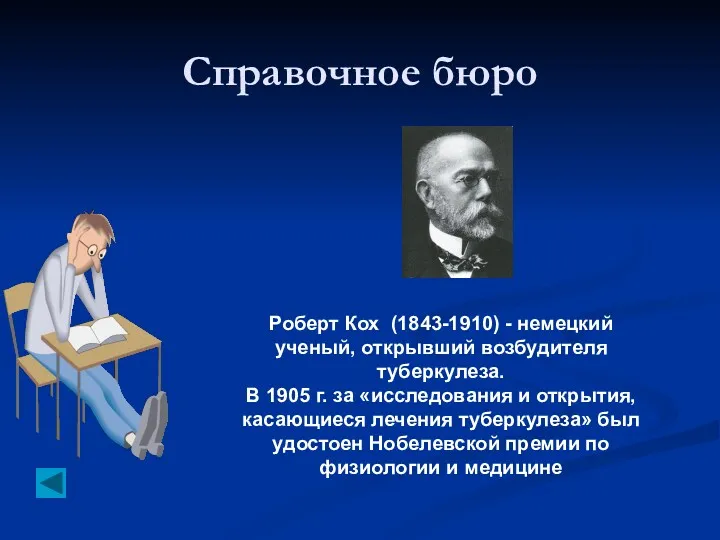 Справочное бюро Роберт Кох (1843-1910) - немецкий ученый, открывший возбудителя туберкулеза. В 1905